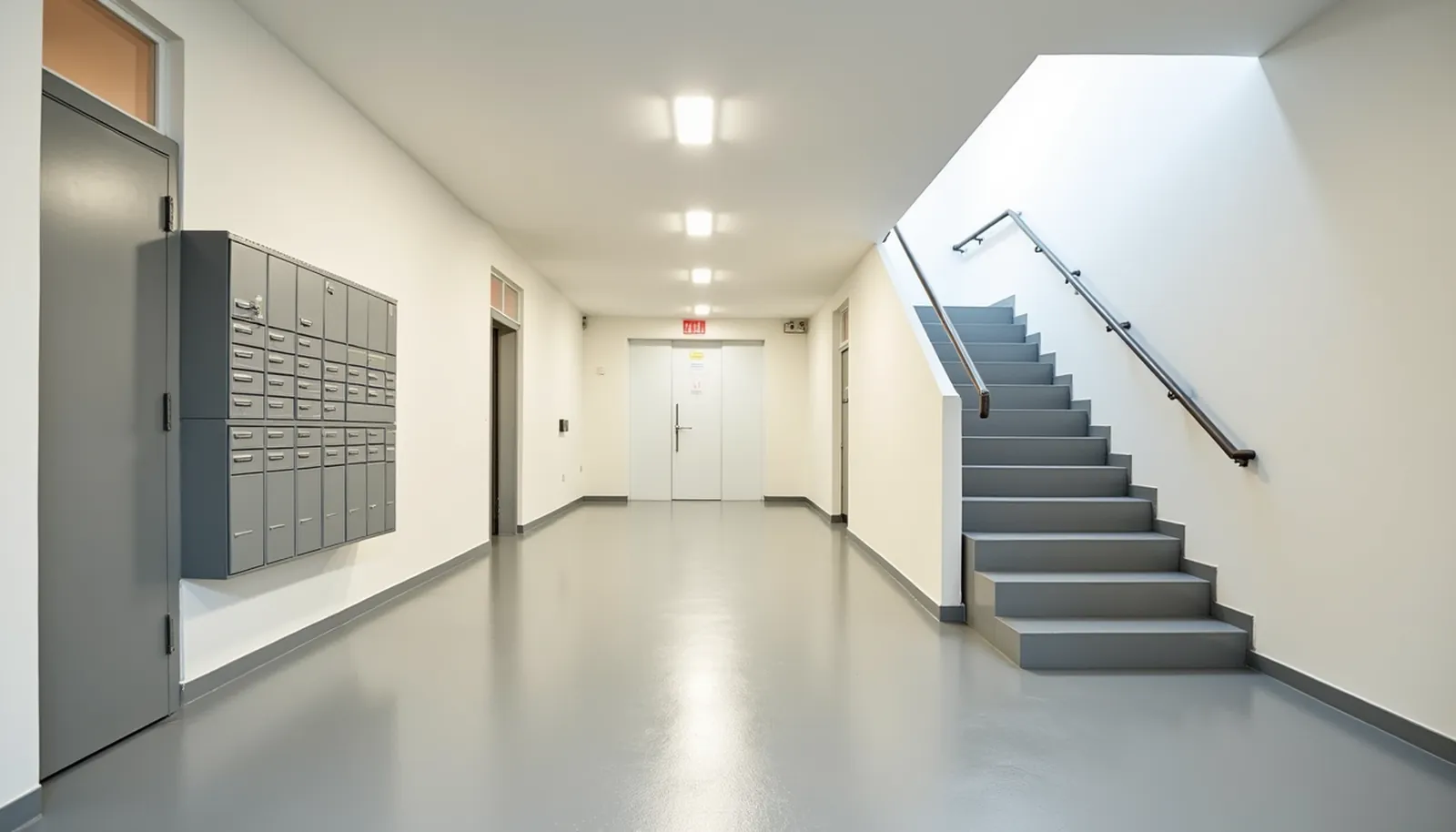 Hall et cage d'escalier d'un immeuble après nettoyage